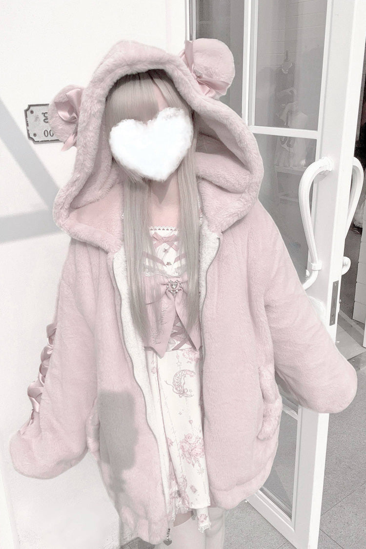 [Sleepy Bear Fluffy] Bear Ears Long Sleeves Bow Lace-Up Hooded Zippered Sweet Jirai Kei Japanese Coat