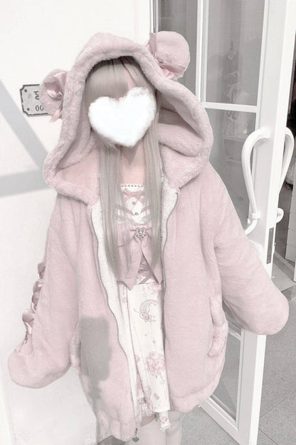 [Sleepy Bear Fluffy] Bear Ears Long Sleeves Bow Lace-Up Hooded Zippered Sweet Jirai Kei Japanese Coat
