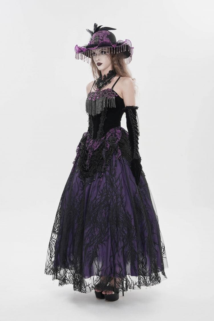 Black/Purple Lace-Up Women's Gothic Embroidered Tassels  Overbust Corset
