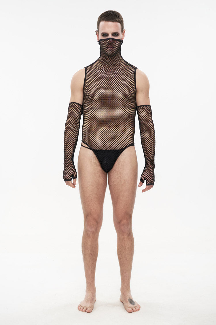 Black Transparent Mesh Sexy Super High Collar Masked Glove Thong Men's Punk Onesie