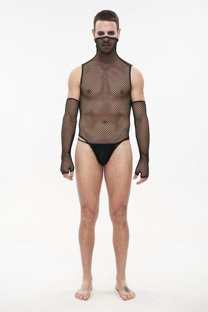 Black Transparent Mesh Sexy Super High Collar Masked Glove Thong Men's Punk Onesie
