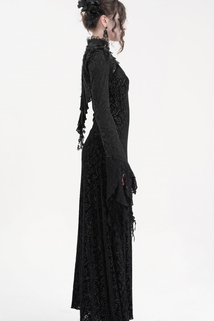 Black Stand Collar Long Sleeves Lace Tassels Women's Gothic Cape
