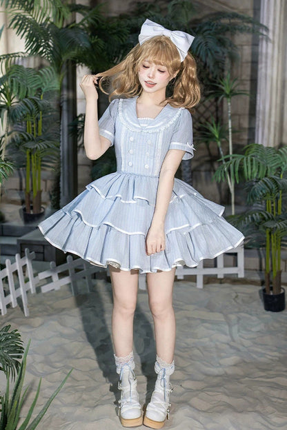 Blue [Seven Day Bell] Navy Collar Short Sleeves Printed Ruffled Bow Sweet Lolita Dress 2 Versions