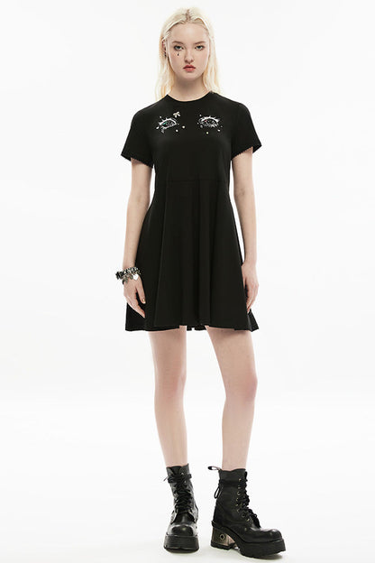 Black Short Sleeves 3D Eyes Screen Print Lace Women's Punk Dress
