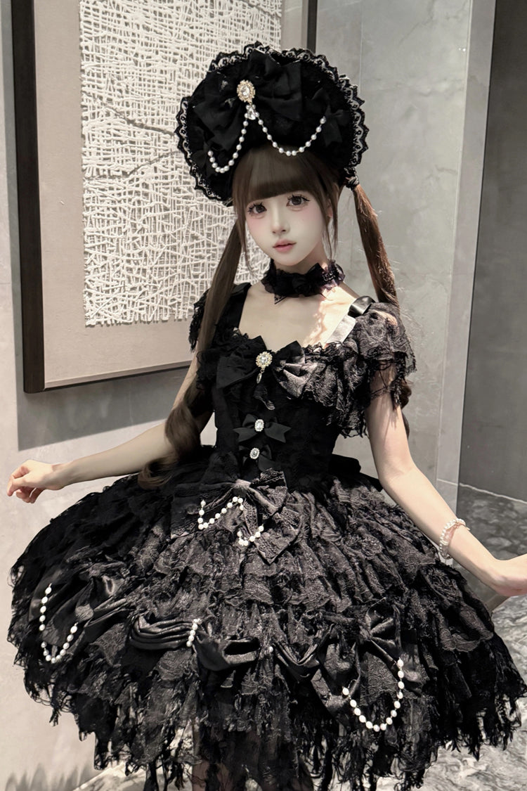 Black [Cloudborne Snowfeather] Sleeveless Multi-Layered Hanayome Bowknot Pearl Gothic Lolita Jsk Dress