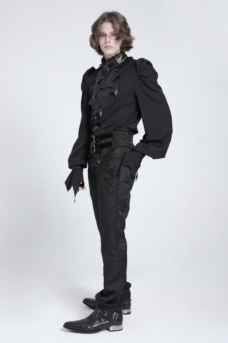 Black Stand Collar Long Puff Sleeves Men's Gothic Batlike Blouse