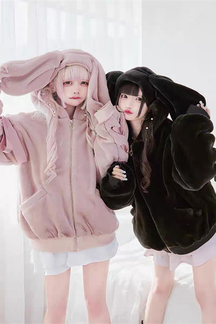 Black Rabbit Ears Long Sleeves Bowknot Lace-Up Hooded Jirai Kei Coat