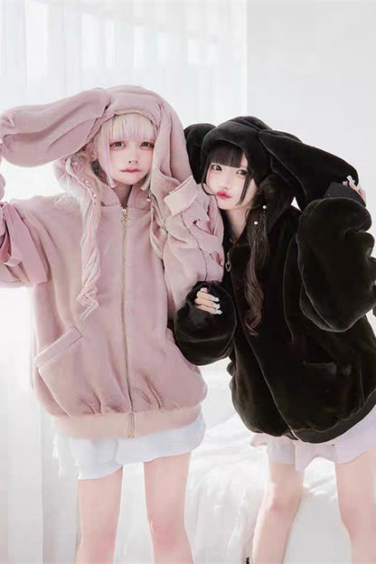 Black Rabbit Ears Long Sleeves Bowknot Lace-Up Hooded Jirai Kei Coat