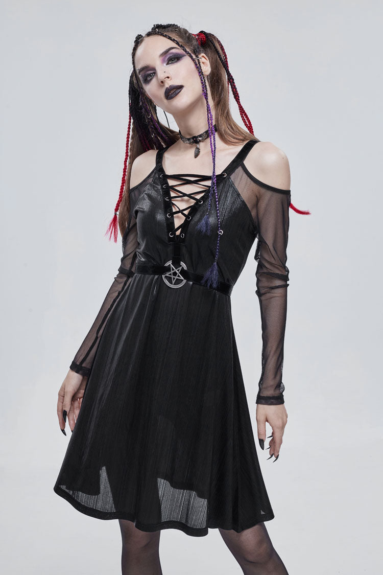 Black Stretch Knit Patchwork Fine Mesh V Neck Cross Tie Metal Pentagram Buckle Strap Women's Punk Dress
