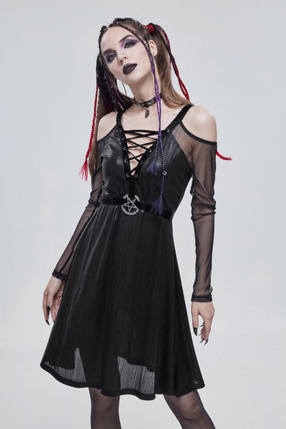 Black Stretch Knit Patchwork Fine Mesh V Neck Cross Tie Metal Pentagram Buckle Strap Women's Punk Dress