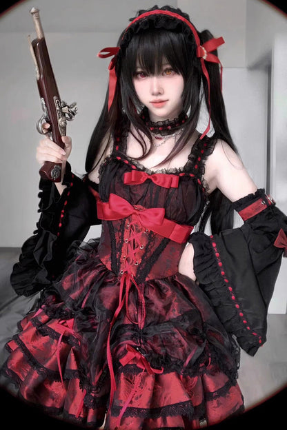Black/Red Sleeveless Multi-layer Ruffle Bowknot Lace-Up Gothic Princess Lolita Jsk Dress
