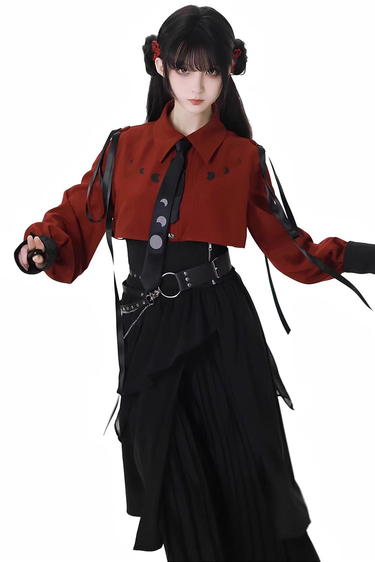 Red/Black [Moonlight Flowing] Long/Short Sleeves Ruffled Asymmetric Gothic Jirai Kei Skirt Set