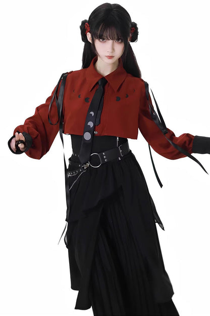 Red/Black [Moonlight Flowing] Long/Short Sleeves Ruffled Asymmetric Gothic Jirai Kei Skirt Set