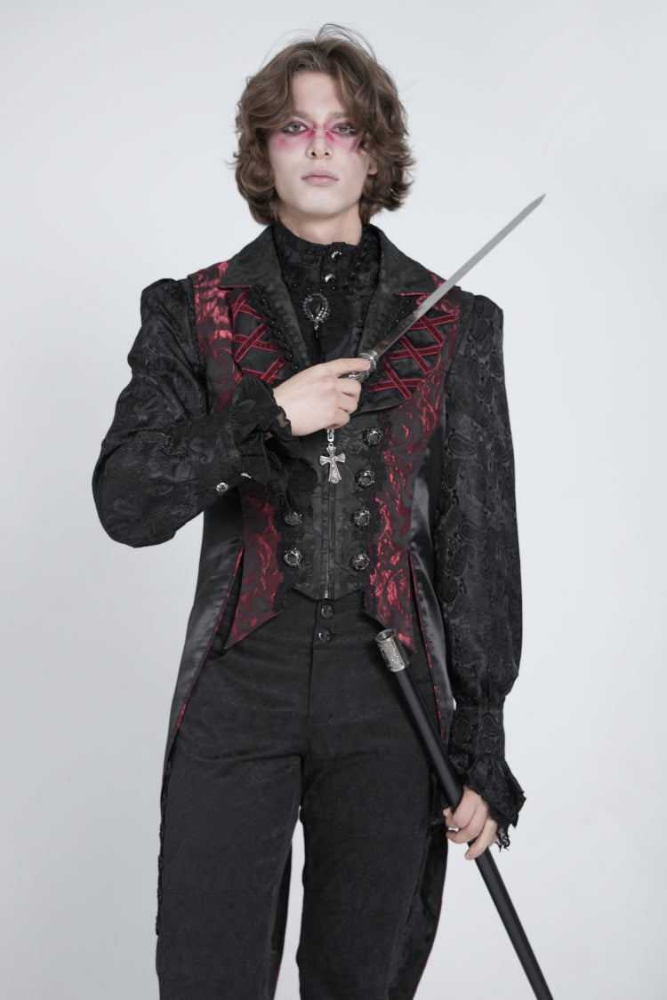 Black/Red Sleeveless Lace-Up Zipper Men's Gothic Swallow-tailed Vest