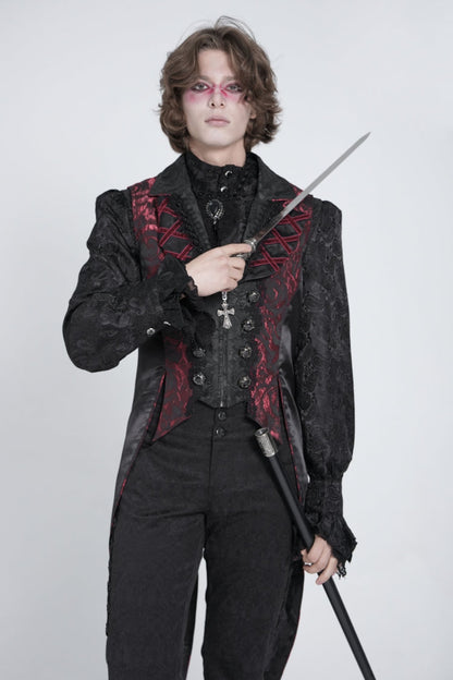 Black/Red Sleeveless Lace-Up Zipper Men's Gothic Swallow-tailed Vest