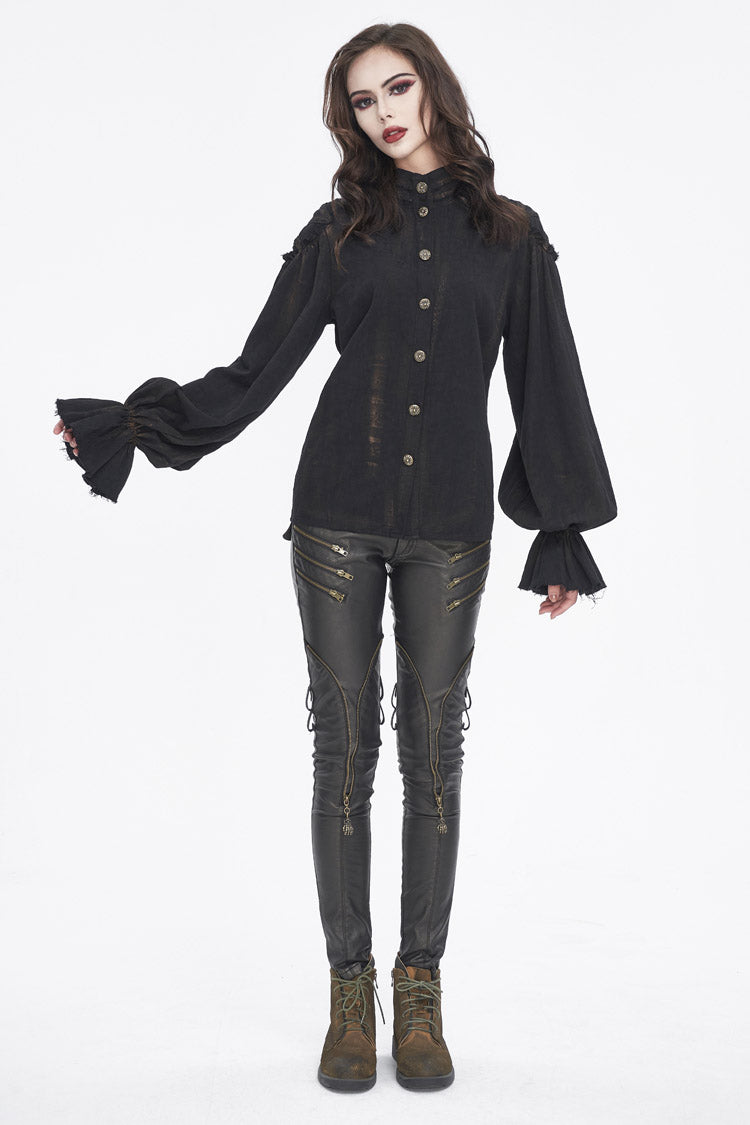 Black Stand Collar Lantern Sleeves Print Lace Women's Punk Blouse