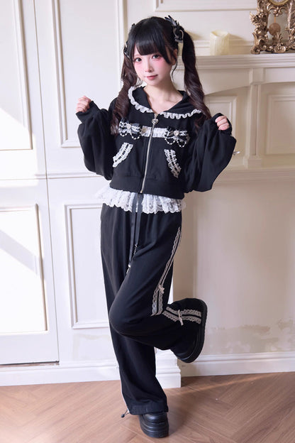 Sweet Long Sleeves Bowknot Lace Hooded Jirai Kei Hoodie Pants Set 3 Colors