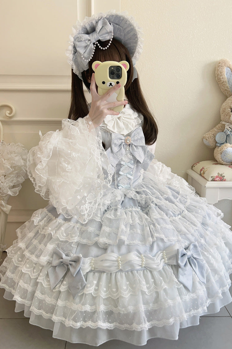 Blue [Dream Prologue] Doll Multi-Layered Bowknot Lace Sweet Princess Lolita Dress