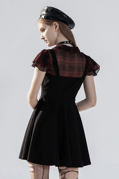 Black/Red V-Neck Ruffled Short-Sleeved Check Chiffon Waisted Skull Stud Women's Punk Dress