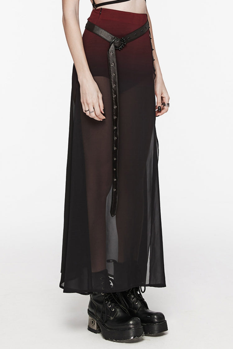 Black/Red Rivet Split Women's Gothic Skirt with Belt