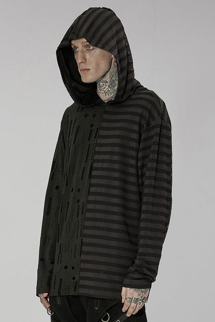 Black Punk Personality Left-Right Asymmetrical Knitted Stitching Casual Hooded Men's T-Shirt