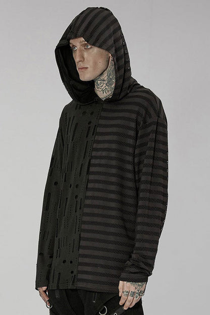 Black Punk Personality Left-Right Asymmetrical Knitted Stitching Casual Hooded Men's T-Shirt
