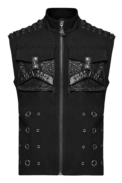 Black Stand Collar Stitching Slim Men's Punk Vest