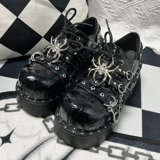 Cracked Black Spider Design Multiple Straps Chain-Decorated Gothic Punk Platform Shoes