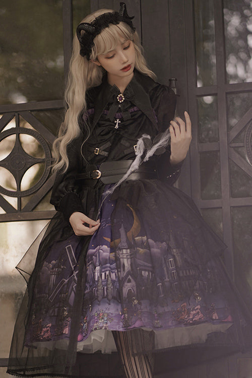 Black Witch Town Print With Veil Gothic Lolita JSK Dress