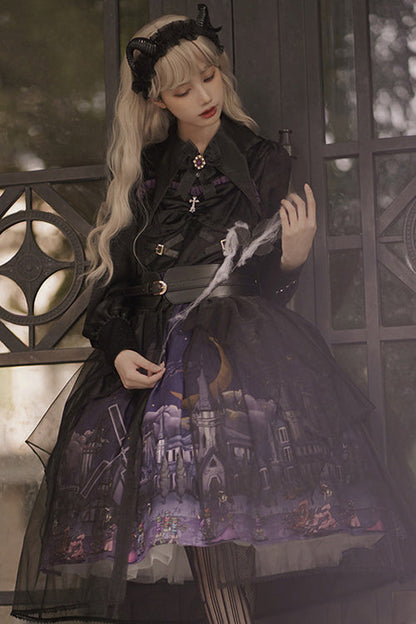 Black Witch Town Print With Veil Gothic Lolita JSK Dress