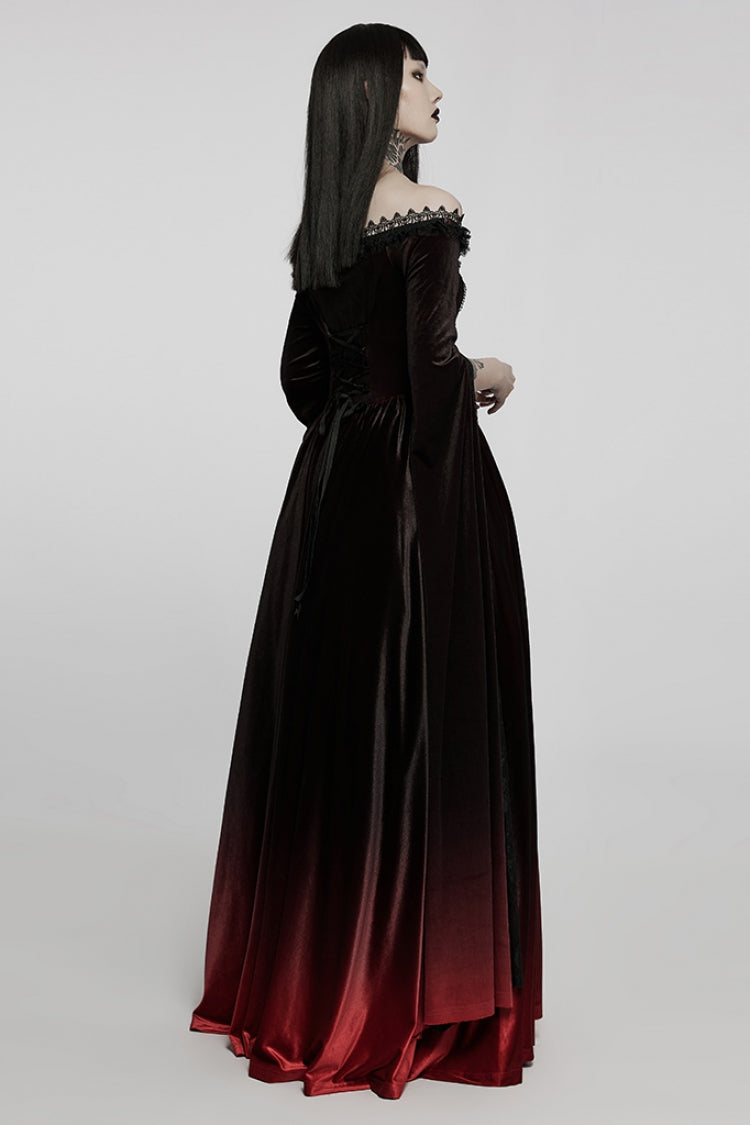 Black/Red Off Shoulder Long Trumpet Sleeves Gradient Lace Women's Gothic Dress
