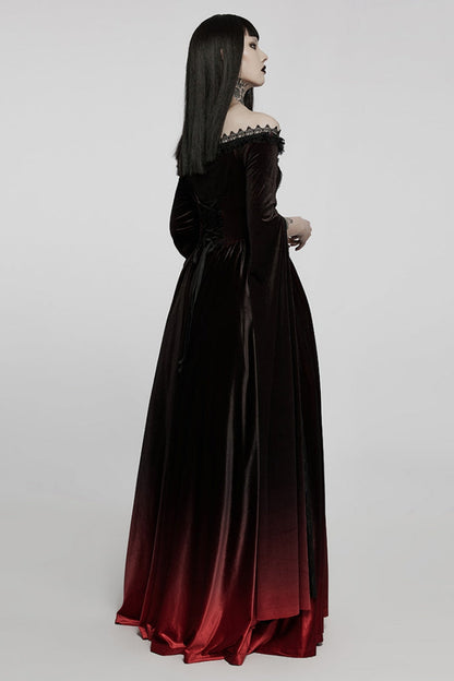 Black/Red Off Shoulder Long Trumpet Sleeves Gradient Lace Women's Gothic Dress