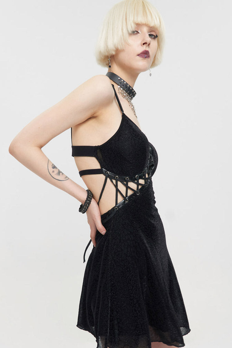 Black Punk Chest Cross Straps Sexy Suspenders Backless Women's Dress