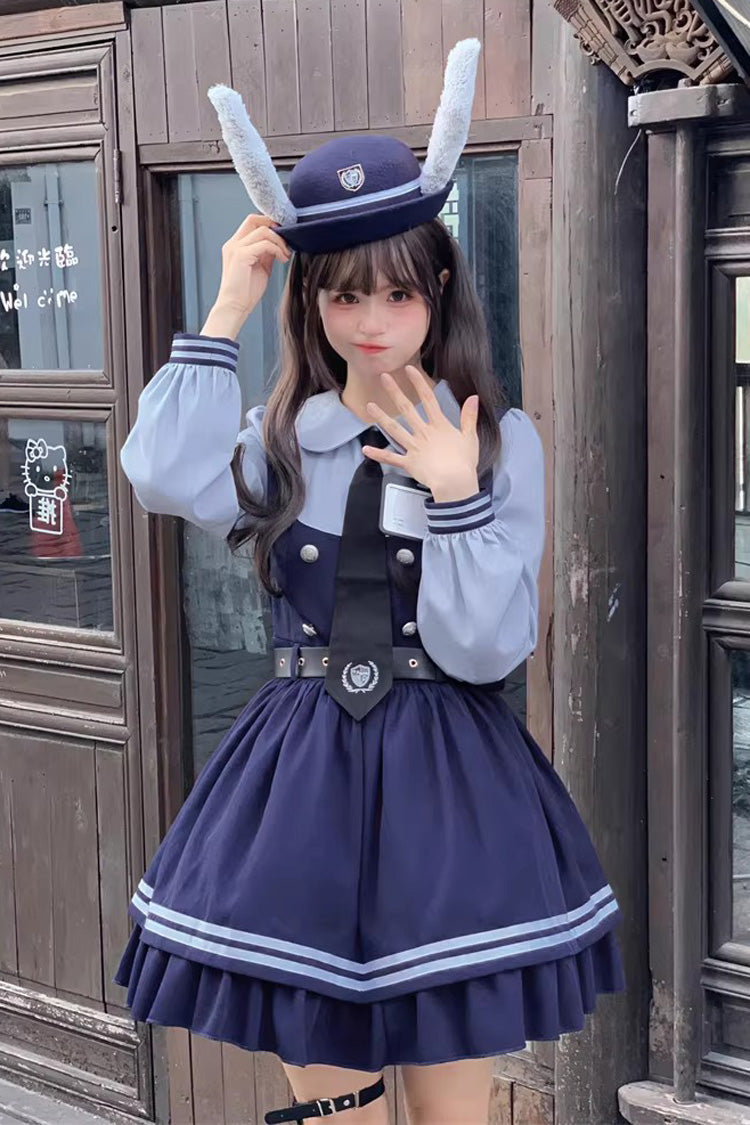 Blue [Rabbit Officer] Long Sleeves Printed Ruffled Faux Two-Piece College Style Sweet Lolita Dress