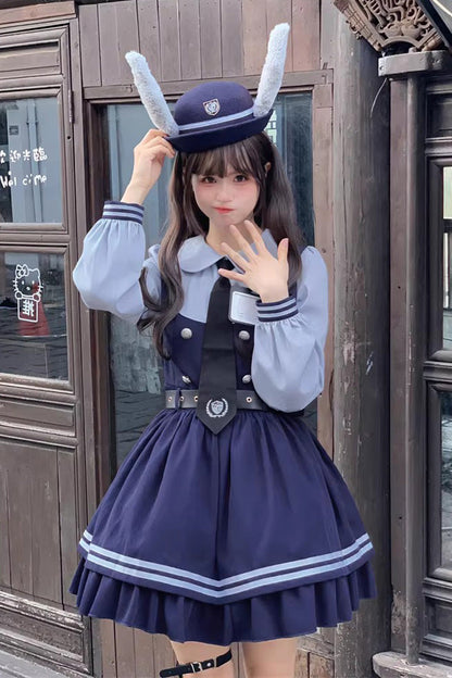 Blue [Rabbit Officer] Long Sleeves Printed Ruffled Faux Two-Piece College Style Sweet Lolita Dress