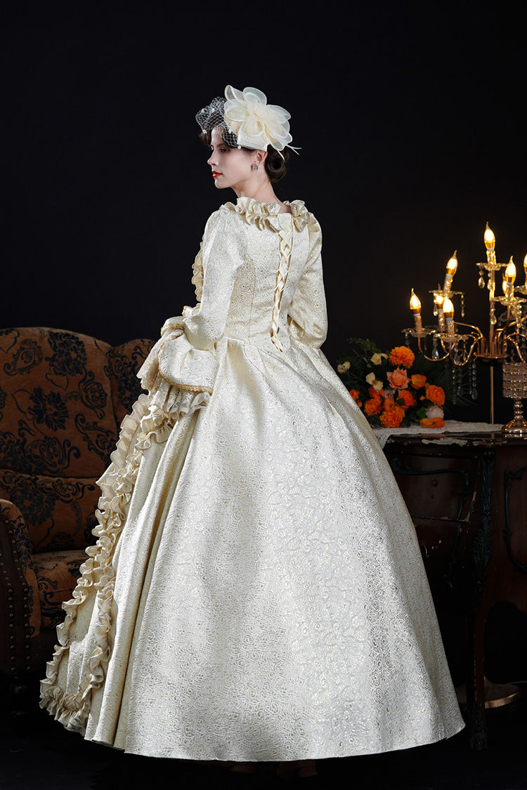 Champagne Square Collar Long Trumpet Sleeves Double-Layered Ruffled Open-Front Classic Vintage Palace Lolita Victorian Dress