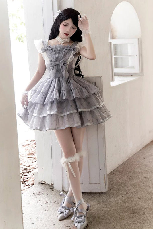 Grey Sleepless Dreams Multi-layer Print Ruffle Bowknot Sweet Elegant Lolita Jsk Dress