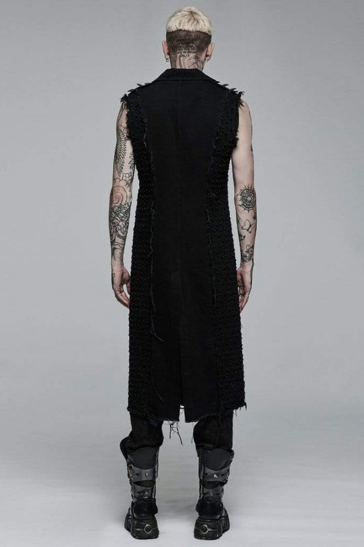 Black V Collar Sleeveless Ripped Mens Steampunk Long Vest