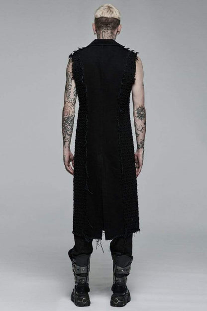 Black V Collar Sleeveless Ripped Mens Steampunk Long Vest