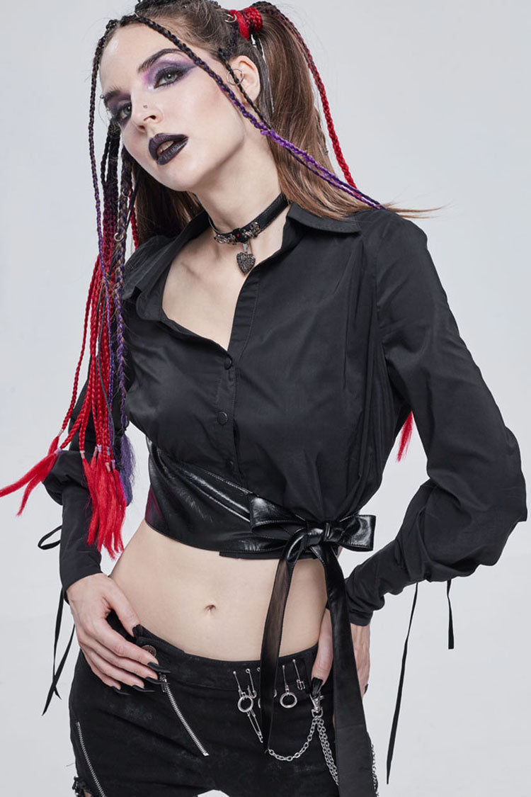 Black Punk Asymmetrical Neckline Buttonhole Cuffs With Cord Design Cropped Thin Texture Long Sleeve Women's Shirt