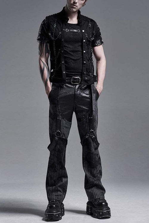 Black Stand Collar Single-breasted Metal Rivet Chain Decoration Hollow Mens Steampunk Vest