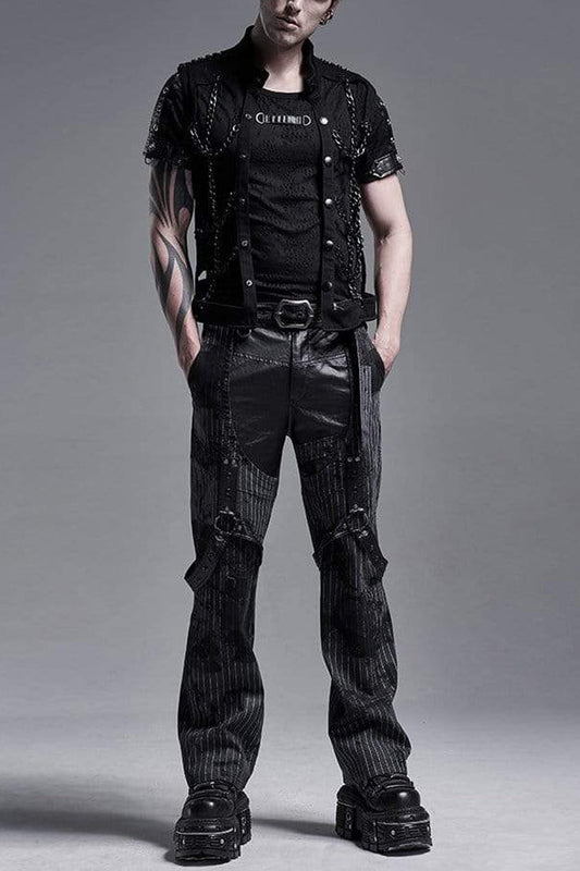 Black Stand Collar Single-breasted Metal Rivet Chain Decoration Hollow Mens Steampunk Vest