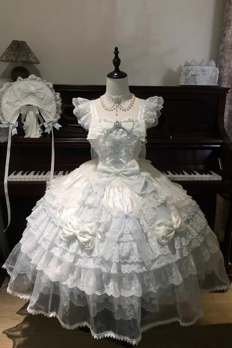 Blue [Prelude of Spring] Sleeveless Multi-Layered Ruffled Bow Lace Sweet Princess Lolita Jsk Dress