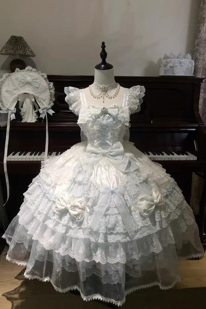 Blue [Prelude of Spring] Sleeveless Multi-Layered Ruffled Bow Lace Sweet Princess Lolita Jsk Dress