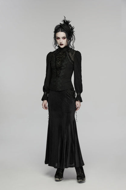Black Stand Collar Long Sleeves Lace Lace-Up Slim Women's Gothic Blouse