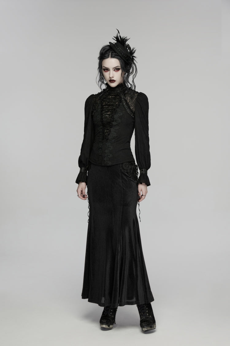 Black Stand Collar Long Sleeves Lace Lace-Up Slim Women's Gothic Blouse