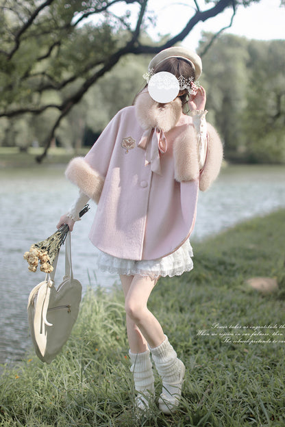 Pink Long Sleeves Lace Sweet Japanese Lolita Fluffy Cloak Coat