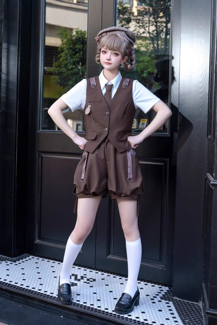Brown Bunny Detective Short Sleeves Prince Ouji Lolita Set