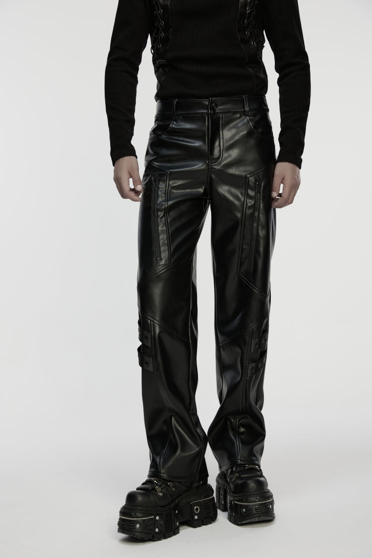 Black Zippered Eyelet Men's Punk Faux Leather Pants