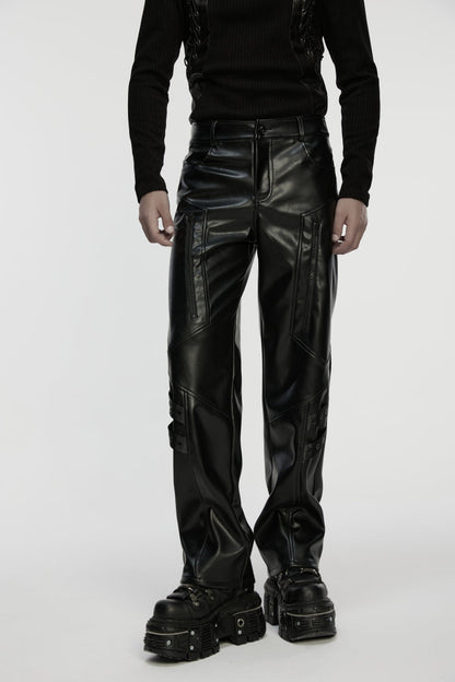 Black Zippered Eyelet Men's Punk Faux Leather Pants